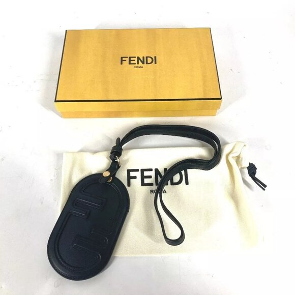 FENDI Bag Charm FF logo Business Card Holder Pass Case Card Case Leather Black - Picture 1 of 15